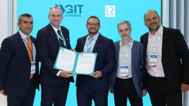Mo AlGermozi, CEO at GIT Coatings, receives type approval certificate from Andy McKeran, Chief Growth Officer of Lloyd’s Register at Posidonia 2026, alongside Philippos Sfiris, Head of Advisory Services, Thanos Kostakopoulos Regional Business Development Director at GIT Coatings and Yiannis Makris Managing Director at Margos S.A