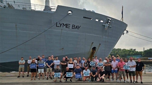 officers and ratings on strike in front of RFA ship Lyme Bat