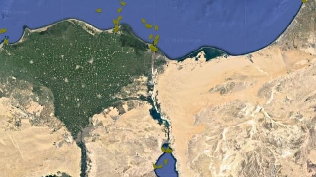 Not much to see: a few dozen container ships wait at the north and south ends of the Suez Canal, January 18 (Pole Star)Not much to see: a few dozen container ships wait at the north and south ends of the Suez Canal, January 18 (Pole Star)