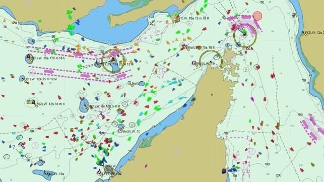 AIS traffic in and around the Strait of Hormuz, June 25. East/westbound traffic is concentrated on the southern shore (center left) (Pole Star)