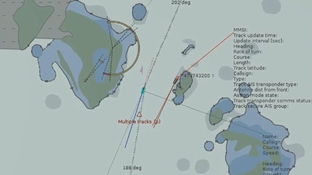 Rosco Poplar's true position (red-black, center right) and false GPS position (green, center-left) (ATSB / ReefVTS)