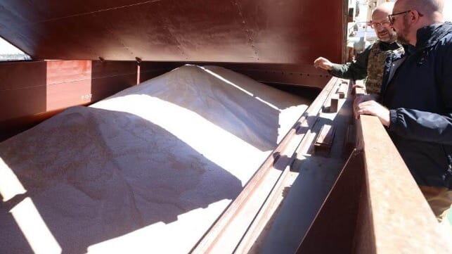 Charles Michel with bulker full of grain at Odesa
