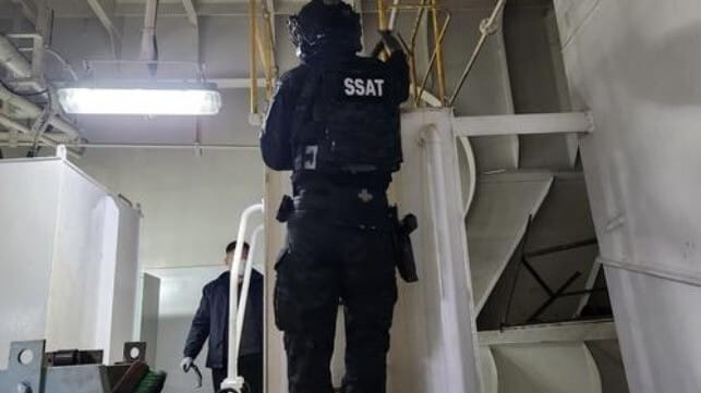 Korean officers search machinery spaces aboard the Lunita, April 2 (Donghae Coast Guard)