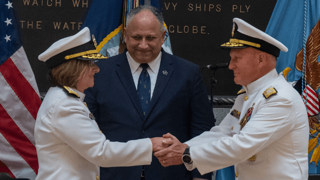 Adm. Franchetti (left), Secretary of the Navy Carlos Del Toro, and Adm. Gilday (USN)