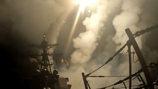 A U.S. Navy destroyer launches missiles at Houthi positions, March 15, 2025 (USN)