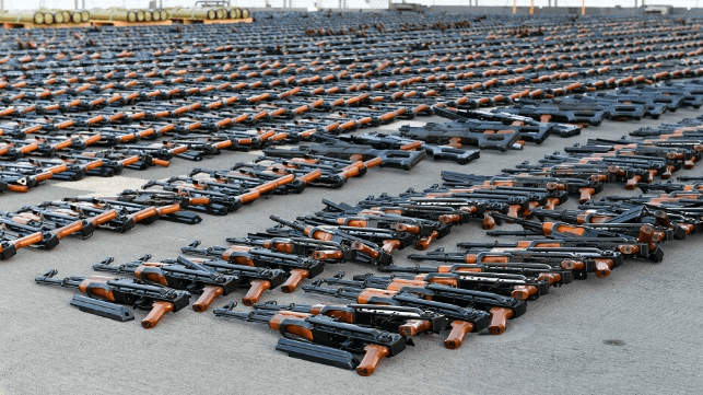 French Navy warship's fantail covered in rifles