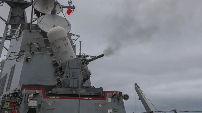 USS Gravely tests her CIWS system, 2022 (USN)