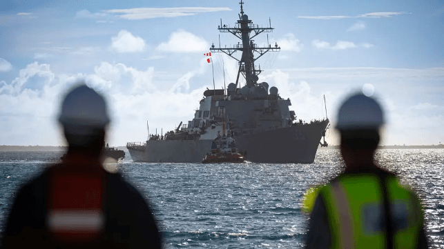 An Arleigh Burke-class destroyer arrives at Diego Garcia for a port call, 2024 (USN)