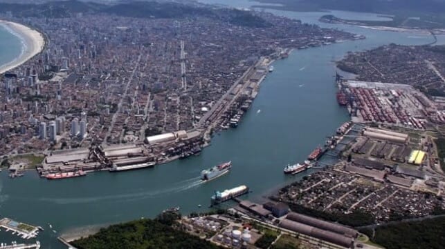 The busy port of Santos, Brazil is a top export hub for China-bound soybeans (file image)