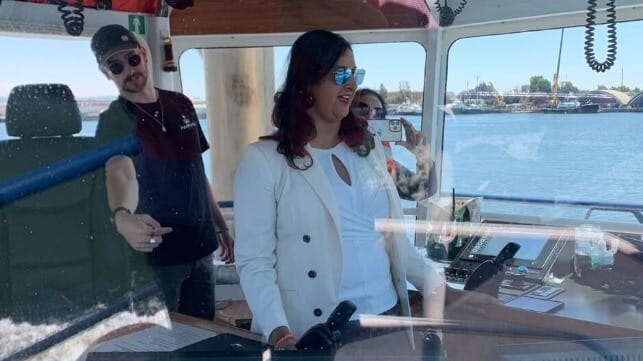 Assemblymember Jasmeet Bains on a tug