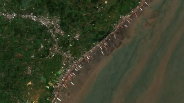 Shipbreaking plots along the waterfront at Alang (NASA file image)