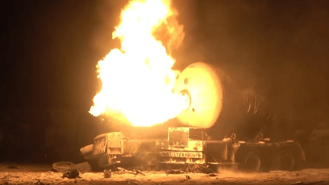 A tanker truck burns at a marshaling area at Ras Isa, April 17 (Houthi media)