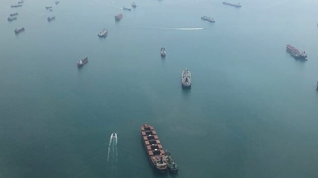 Singapore Strait anchorage with many vessels