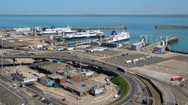 Port of Dover eastern docks with three ferries at berth