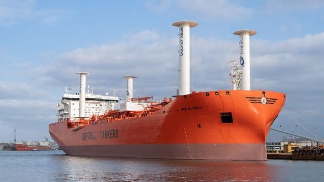 Bound4Blue suction sails mounted aboard Bow Olympus (Odfjell)