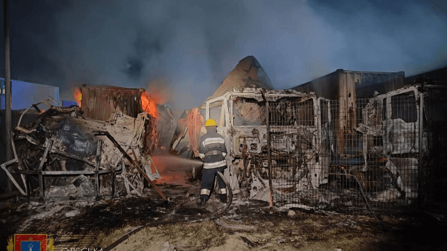 Grain trucks burn after a Russian attack on the Lower Danube port of Izmail, Ukraine, 2023 (Operational Command South)