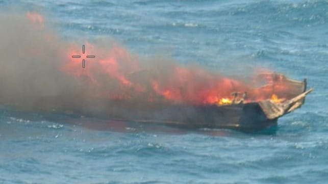Illegal fishing vessel destroyed at sea by ABF officers, December 2024 (ABF file image)
