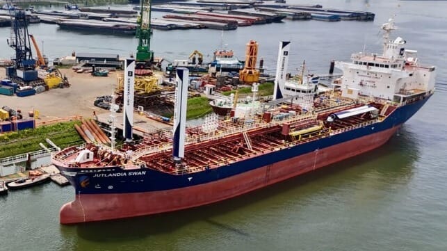 tanker fitted with rigid sails for wind-assisted propulsion