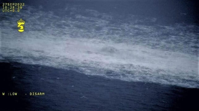A massive plume from the Nord Stream pipeline complex roils the surface of the Baltic off Bornholm, Sept. 27, 2022 (Forsvaret)