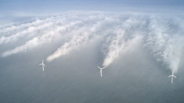 Clouds behind wind turbines from wake effect