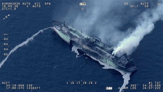 burnt-out  LNG carrier drifting