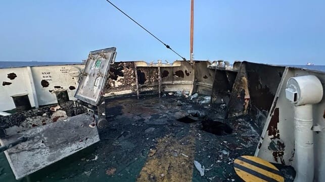 Damage on the bow of the Conscience (courtesy Freedom Flotilla Coalition)