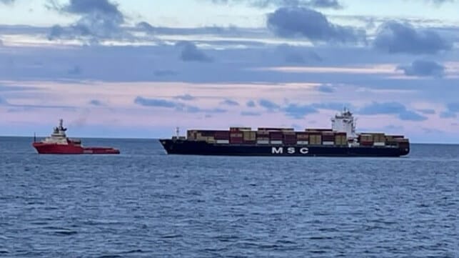 disabled containership under tow off Canada MSC Kim