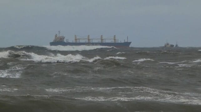 powerless bulker anchored off Australia in storm