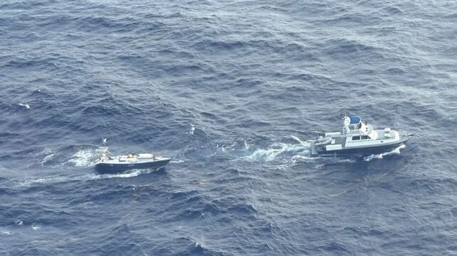 Topaze under tow by the BVI Royal Marine Police (USCG)
