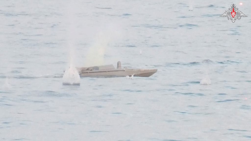 The flat Starlink panel on the stern of a Ukrainian drone boat provides the connection for remote-control (Russian MOD file image)