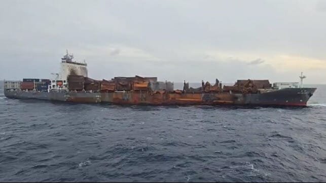 fire-damaged containership