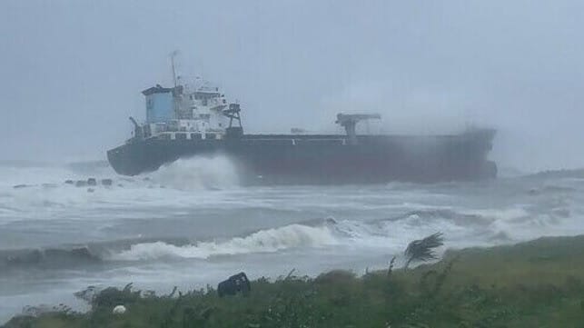 ships stranded in typhoon