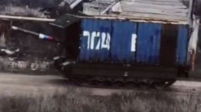 Spotted in a Russian-occupied area of Ukraine: a container provides the ingredients for a protective tank cage (Region22UA/Telegram)