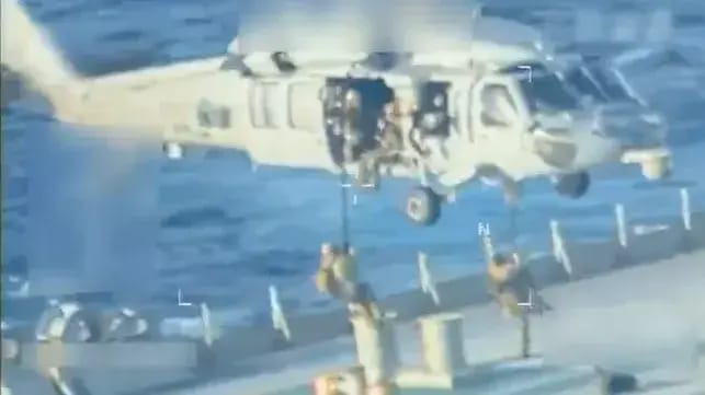 A joint search and seizure team boards the sanctioned tanker Skipper off Venezuela, December 2025 (USCG)