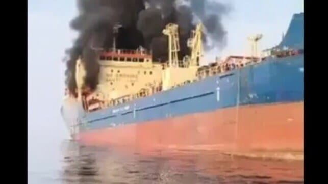 Foreign-flagged tanker Skylight after an Iranian strike earlier this month (Omani social media)