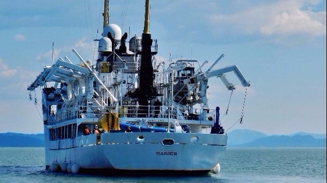 The NOAA ship Rainier, here seen in Alaska's Behm Canal, features davits from Vestdavit