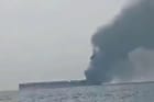 Iranian state media released a video of a tanker in ballast, smoke pouring from its stern (Iranian state media)