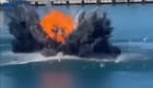 An attack drone detonates during an attempted strike on a Russian offshore supply vessel, Sochi, Sept. 3 (Russian social media)