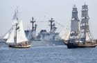 Tall ship Providence (left) during a call in Boston in 1980 (City of Boston Archives)