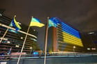 EU HQ in colors of Ukraine flag