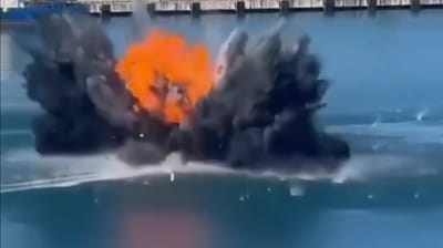 An attack drone detonates during an attempted strike on a Russian offshore supply vessel, Sochi, Sept. 3 (Russian social media)