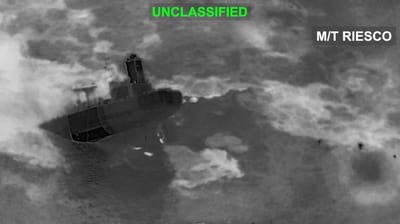 Iranian tanker sinking after being hit by US forces