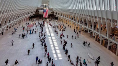 The newly-added inscription and inlay may be seen in the center and at the end of the "wedge of light" on the Oculus' floor (PANYNJ)