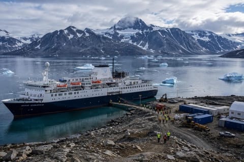 cruise ship used as housing for a mining camp in Greenland