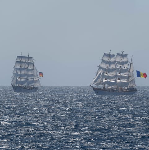 Gorch Fock (left) with Romanian sister ship Mircea (right) (USCG)