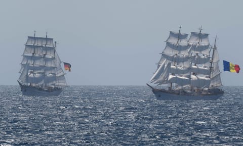 Gorch Fock (left) with Romanian sister ship Mircea (right) (USCG)