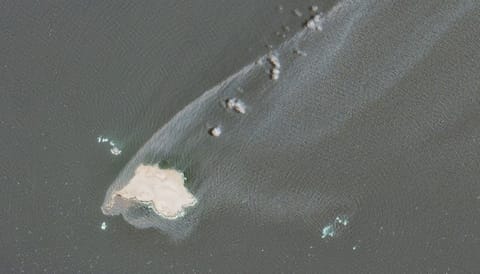 The spread of the oil plume from the Caroline Bezengi wrecked on Jazirat Al Qibliyyah, as seen on August 7 (Sentinel-2b/CJRC)