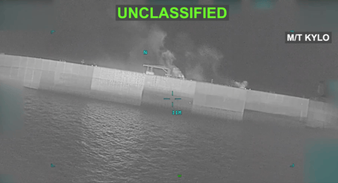 What appears to be a sea-level view of the tanker Kylo as it sinks (CENTCOM)