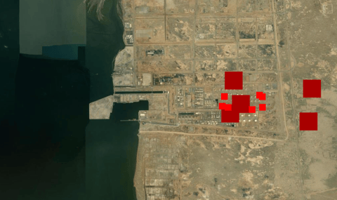 Infrared signatures at the Jazan plant from Monday (bright red) and Tuesday (dark red) (NASA FIRMS)
