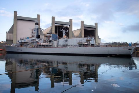 HMS Iron Duke towards the end of a 49-month refit, 2022. The vessel was de facto decommissioned after 16 months of additional operational service (Royal Navy)
